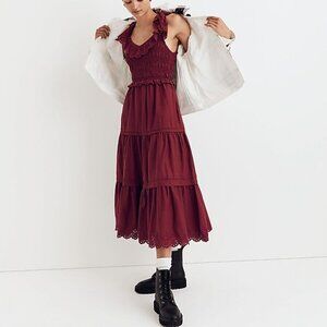 NWT Madewell Lucie Eyelet Lace Tiered Cotton Midi Dress Burgundy Size 0